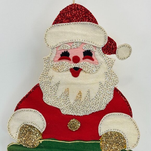 Vintage Handmade Felt Santa Wall Hanging Christmas Card Holder Sequins 23" Retro - Picture 2 of 12